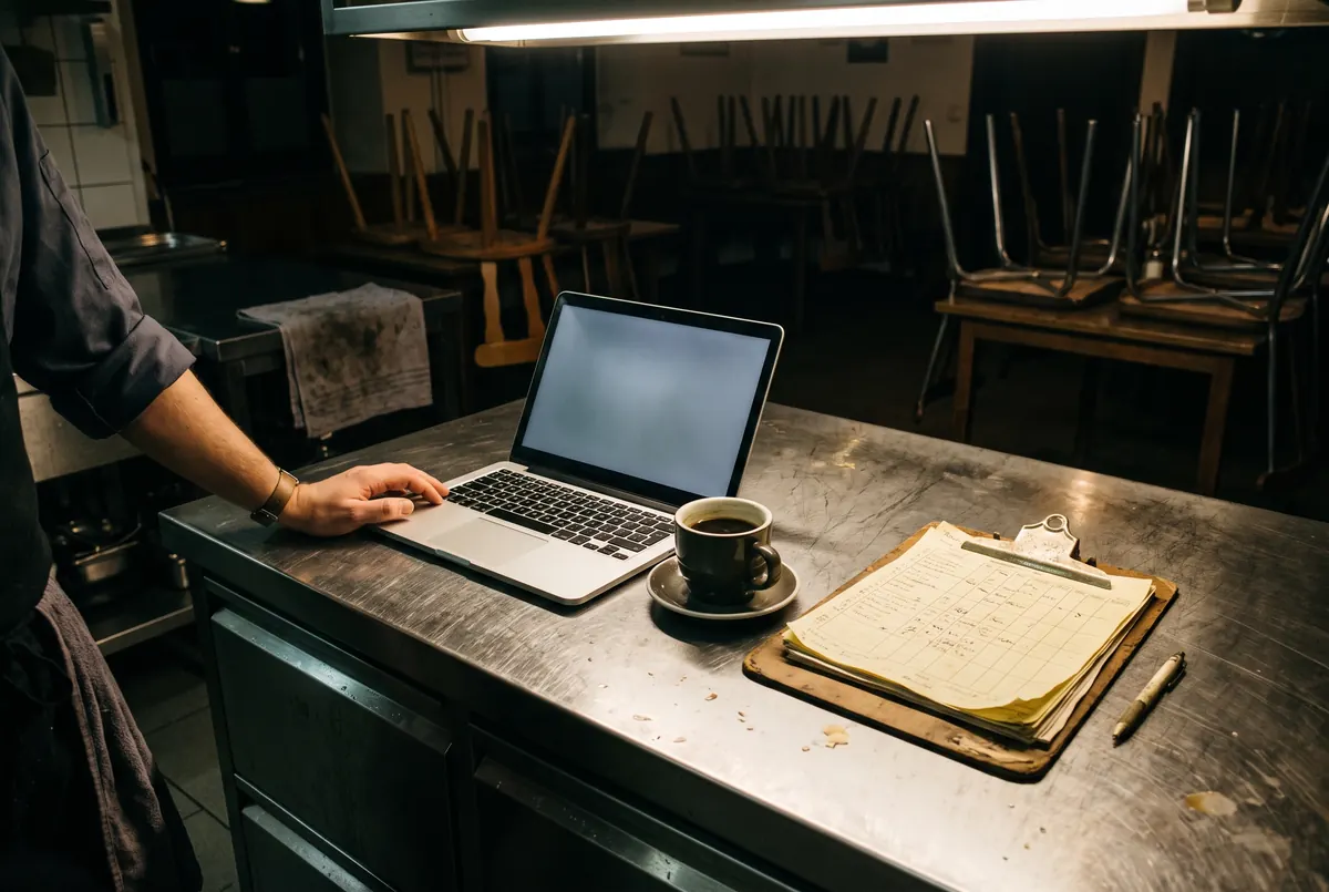 Nach Feierabend: Laptop, Dienstplan und Kaffee auf dem Arbeitstisch im leeren Restaurant