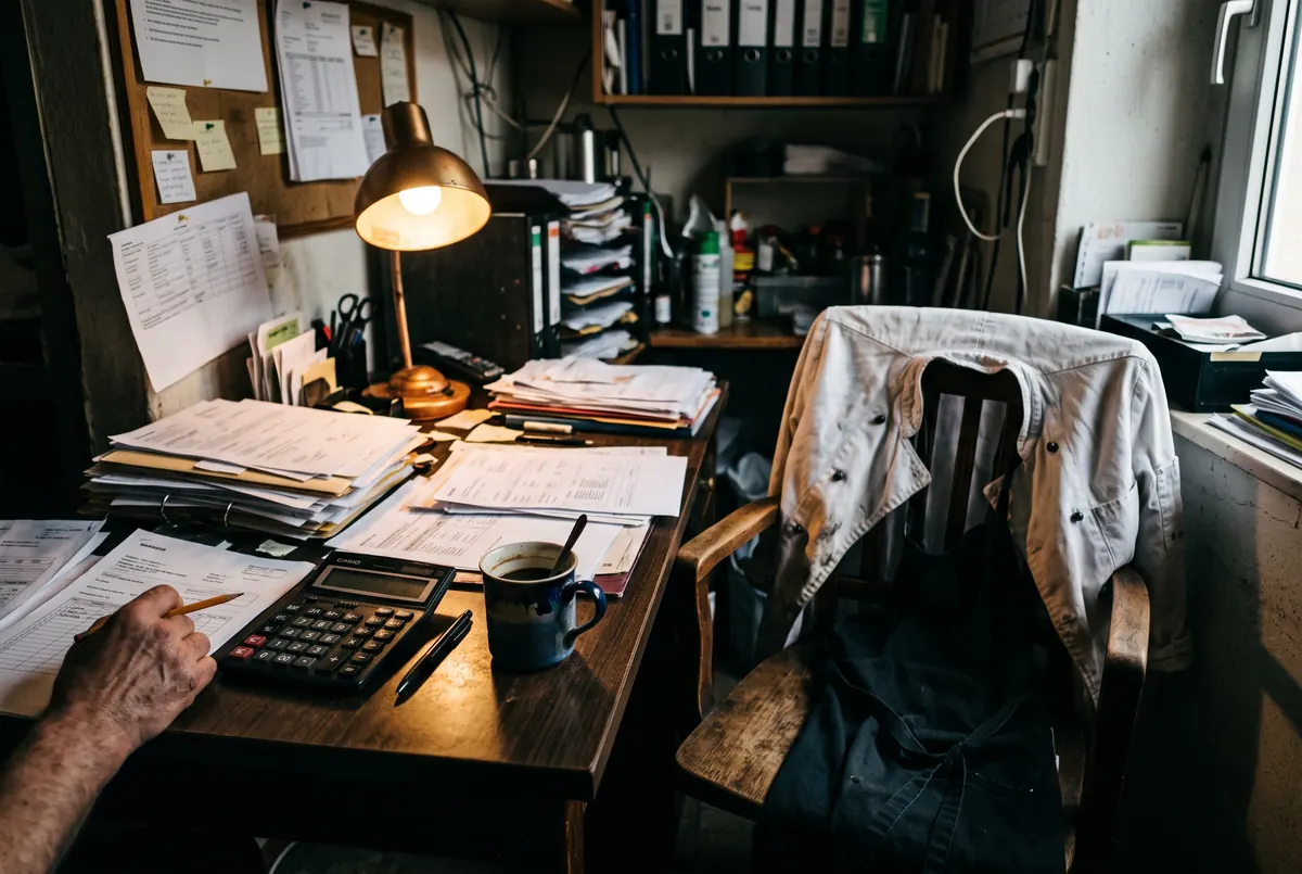 Kleines Büro hinter der Küche: Formulare, Ordner und Kaffee unter der Schreibtischlampe