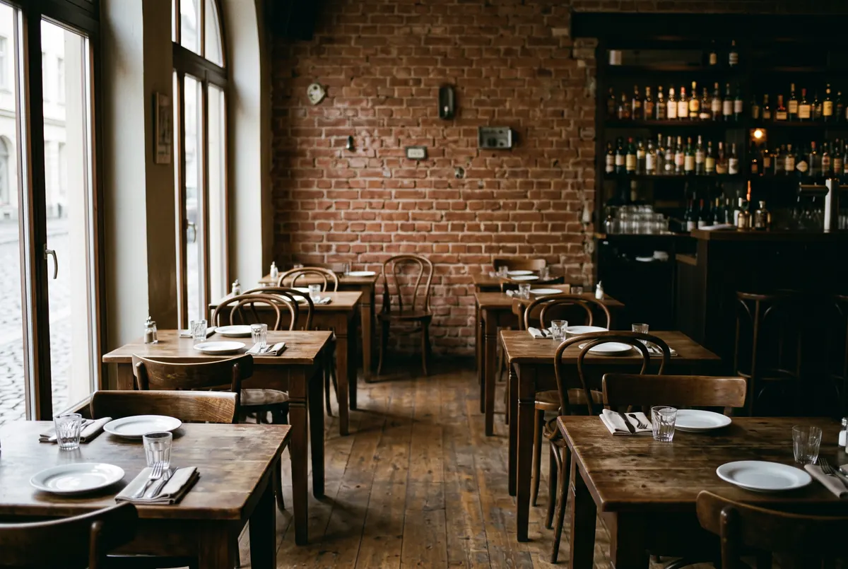 Leerer Gastraum am Nachmittag: Holztische, Bistrostühle, eingedeckt