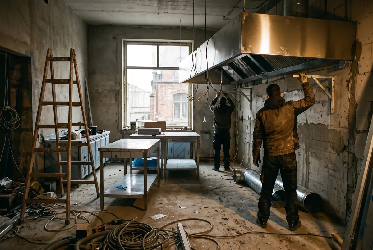 Küche im Aufbau: neue Edelstahltische und Abzugshaube im Rohbau