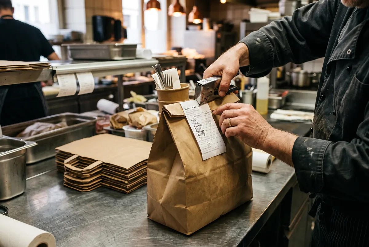 Hände tackern einen Lieferbon an eine Takeaway-Tüte
