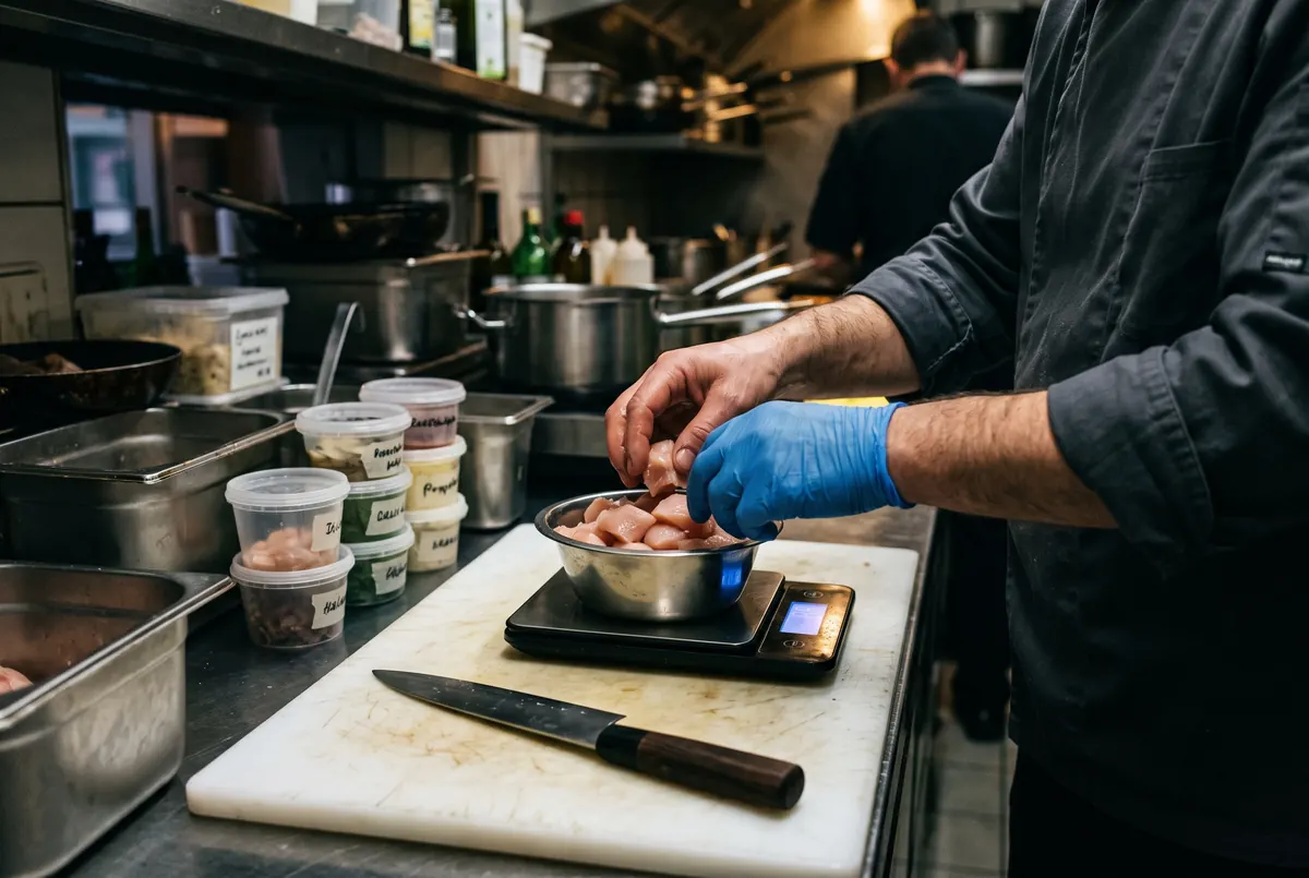 Hände portionieren Fleisch auf der Küchenwaage
